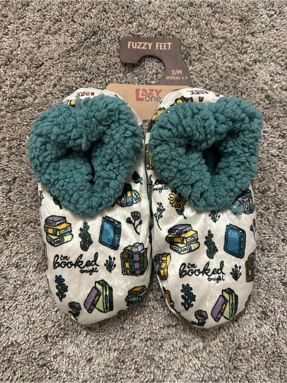 Lazy One Kids Teal-Lined Book Print Fuzzy Slippers